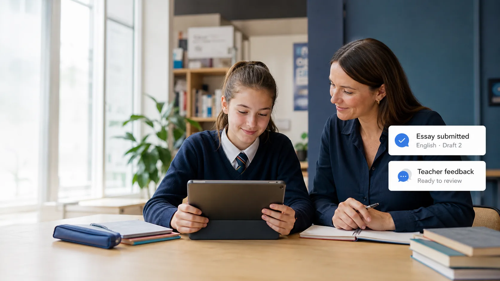 A tutor reviewing a student’s English essay draft with them on a tablet